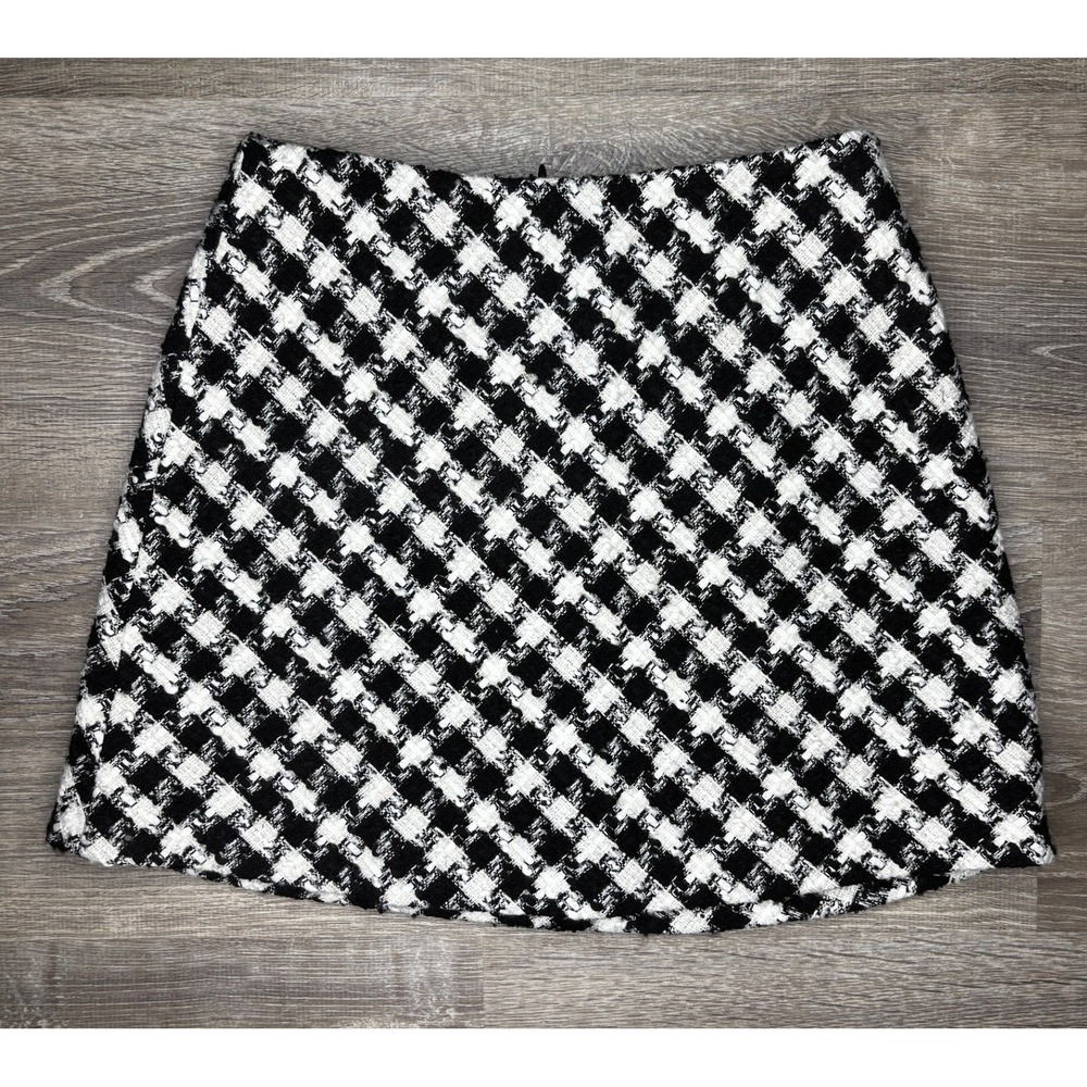 Zara Women's Black White Tweed Mini Skirt Checkered Boucle A-Line Sz Small S 26"
